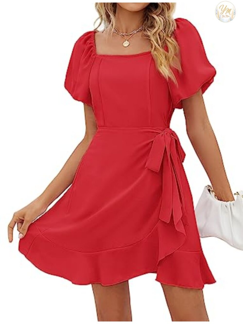 Womens Summer Mini Dress Square Neck Puff Sleeve Tie Waist Chiffon